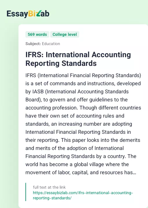 IFRS: International Accounting Reporting Standards - Essay Preview