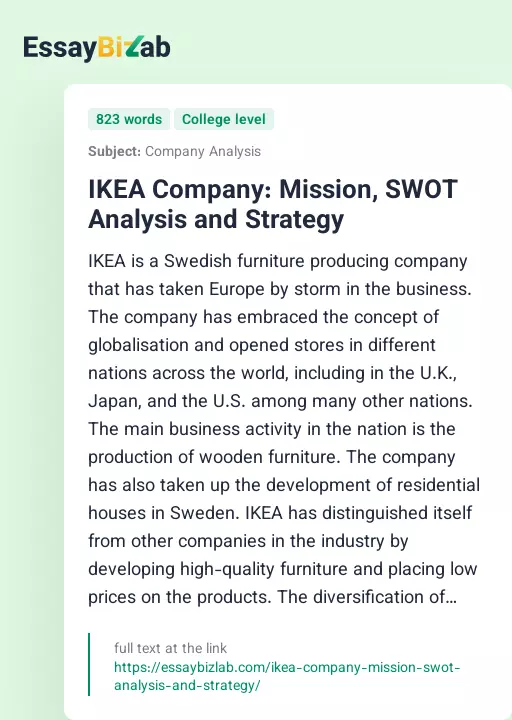 IKEA Company: Mission, SWOT Analysis and Strategy - Essay Preview