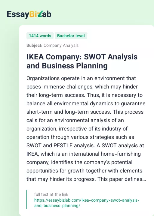 IKEA Company: SWOT Analysis and Business Planning - Essay Preview