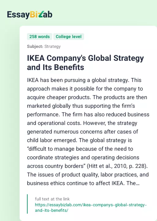 IKEA Company's Global Strategy and Its Benefits - Essay Preview