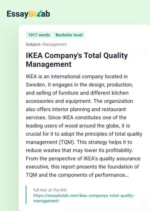IKEA Company's Total Quality Management - Essay Preview