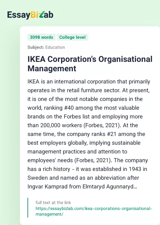 IKEA Corporation's Organisational Management - Essay Preview