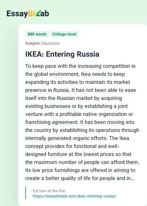 IKEA: Entering Russia - Essay Preview
