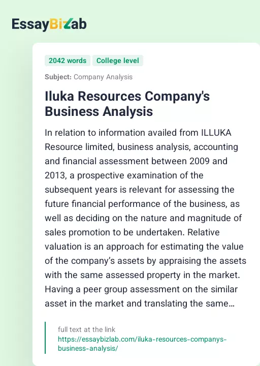 Iluka Resources Company's Business Analysis - Essay Preview