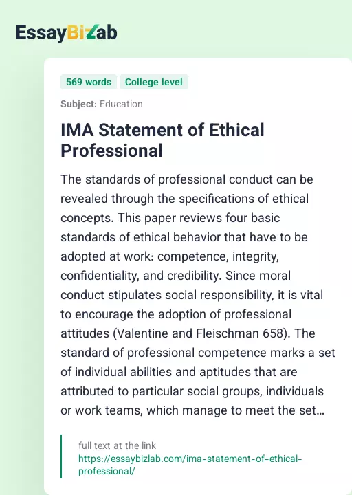 IMA Statement of Ethical Professional - Essay Preview