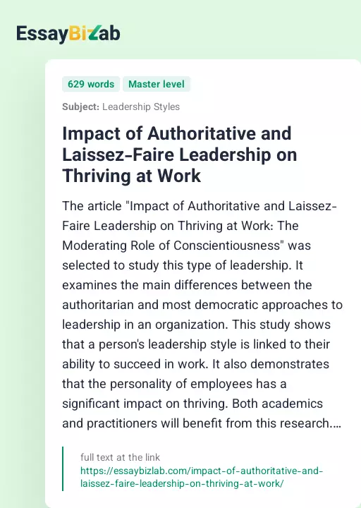 Impact of Authoritative and Laissez-Faire Leadership on Thriving at Work - Essay Preview