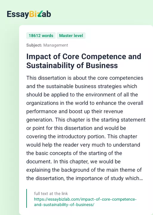 Impact of Core Competence and Sustainability of Business - Essay Preview