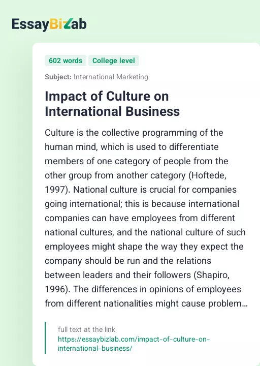 Impact of Culture on International Business - Essay Preview