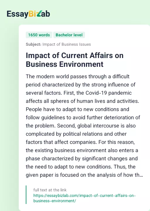 Impact of Current Affairs on Business Environment - Essay Preview