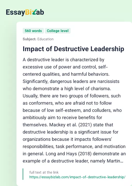 Impact of Destructive Leadership - Essay Preview