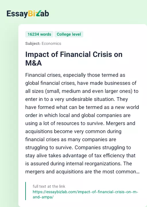 Impact of Financial Crisis on M&A - Essay Preview