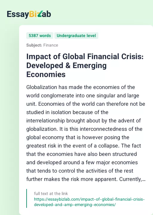 Impact of Global Financial Crisis: Developed & Emerging Economies - Essay Preview