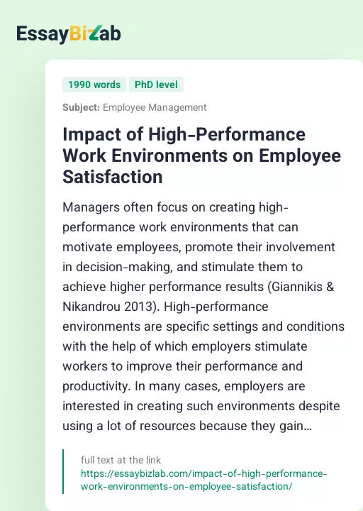 Impact of High-Performance Work Environments on Employee Satisfaction - Essay Preview