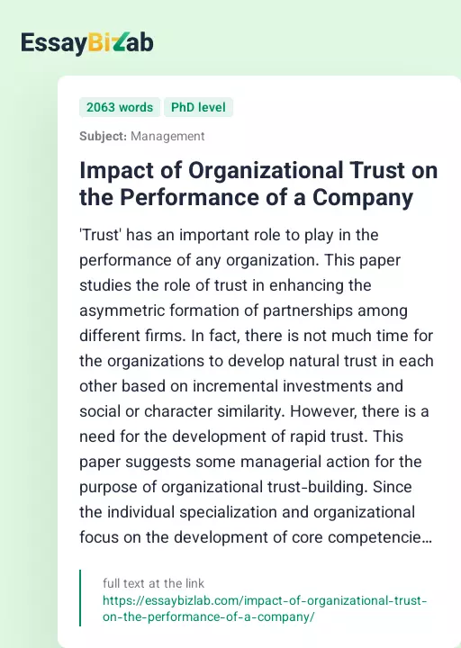 Impact of Organizational Trust on the Performance of a Company - Essay Preview