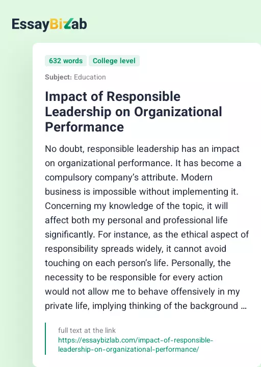 Impact of Responsible Leadership on Organizational Performance - Essay Preview