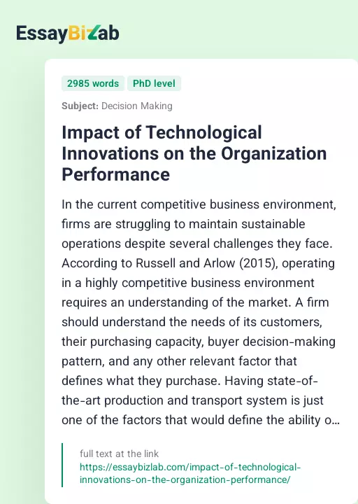 Impact of Technological Innovations on the Organization Performance - Essay Preview