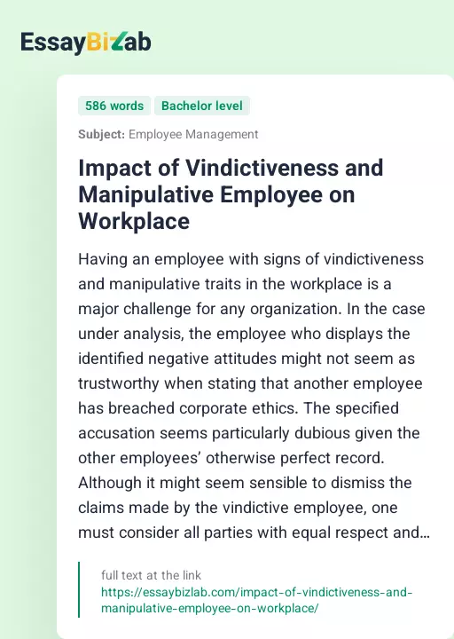 Impact of Vindictiveness and Manipulative Employee on Workplace - Essay Preview