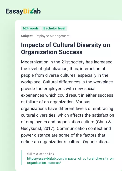 Impacts of Cultural Diversity on Organization Success - Essay Preview