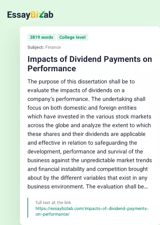 Impacts of Dividend Payments on Performance - Essay Preview