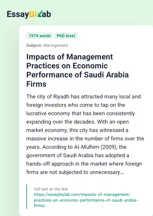 Impacts of Management Practices on Economic Performance of Saudi Arabia Firms - Essay Preview