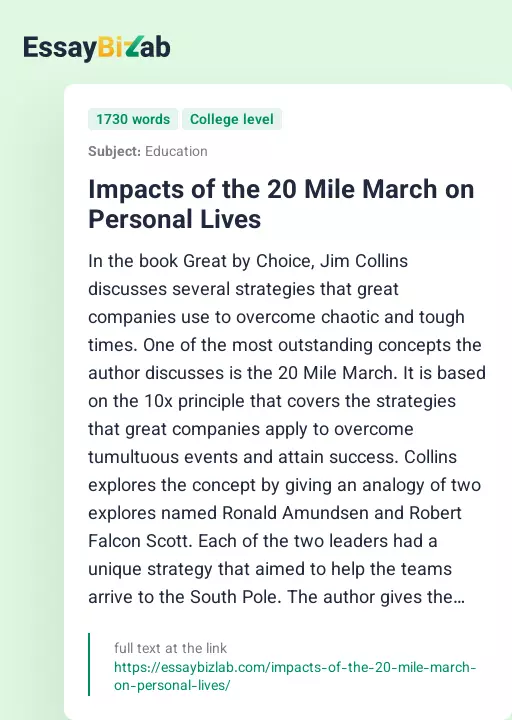 Impacts of the 20 Mile March on Personal Lives - Essay Preview