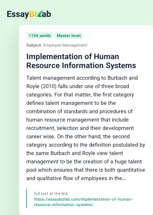 Implementation of Human Resource Information Systems - Essay Preview
