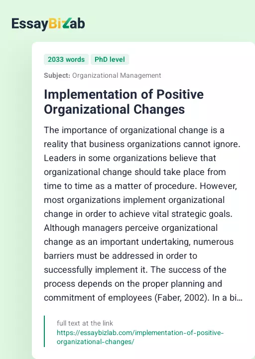 Implementation of Positive Organizational Changes - Essay Preview