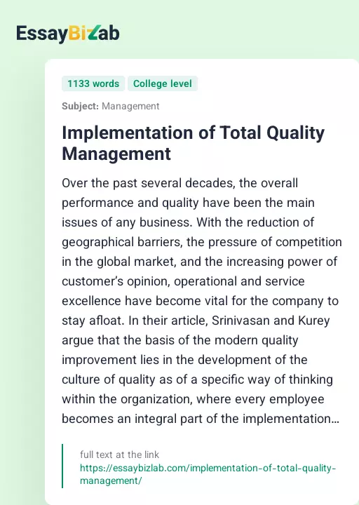 Implementation of Total Quality Management - Essay Preview