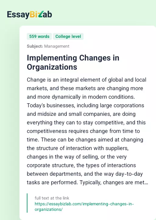 Implementing Changes in Organizations - Essay Preview