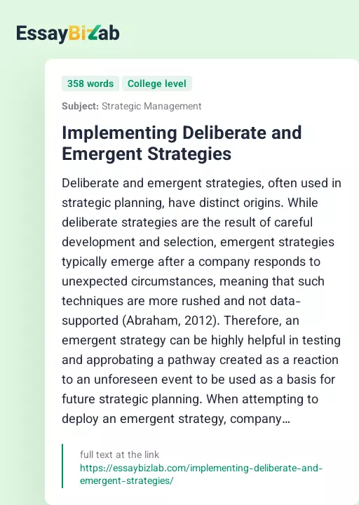 Implementing Deliberate and Emergent Strategies - Essay Preview