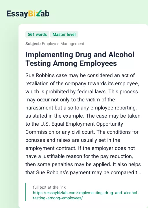 Implementing Drug and Alcohol Testing Among Employees - Essay Preview