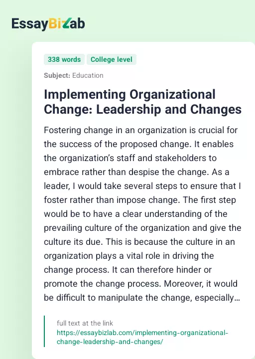 Implementing Organizational Change: Leadership and Changes - Essay Preview