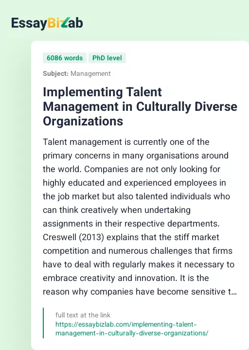 Implementing Talent Management in Culturally Diverse Organizations - Essay Preview
