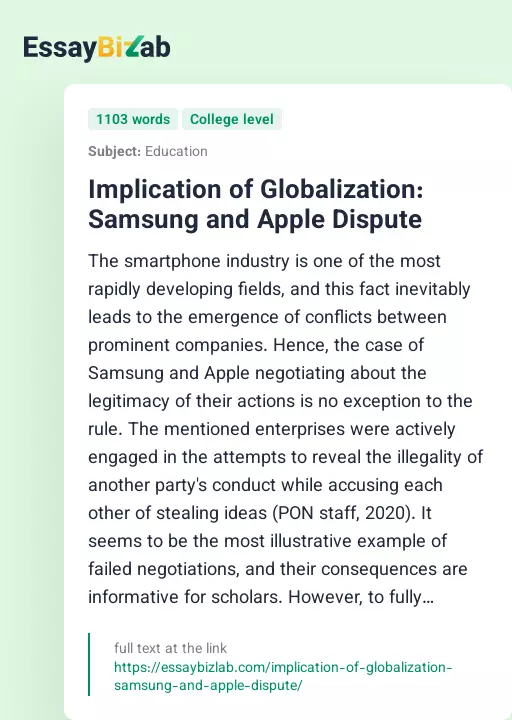 Implication of Globalization: Samsung and Apple Dispute - Essay Preview