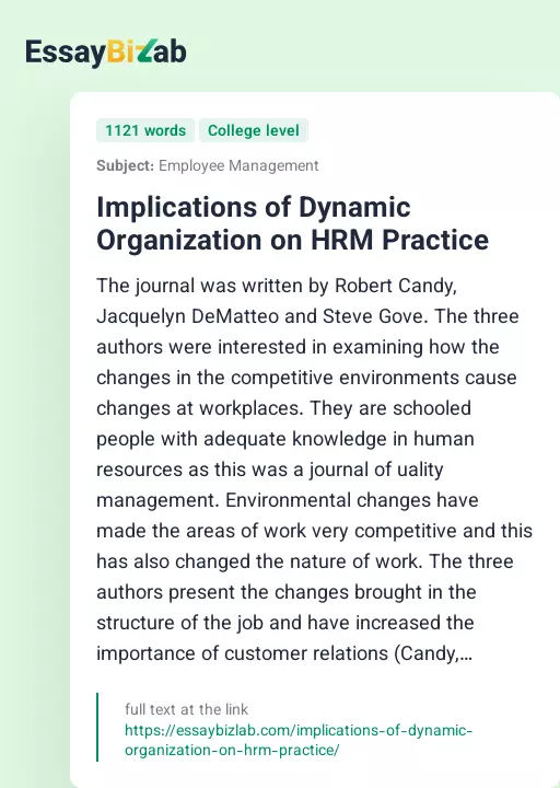 Implications of Dynamic Organization on HRM Practice - Essay Preview