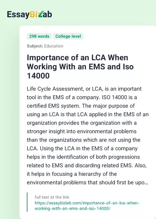 Importance of an LCA When Working With an EMS and Iso 14000 - Essay Preview