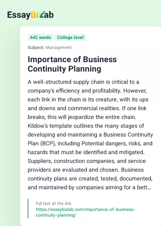 Importance of Business Continuity Planning - Essay Preview