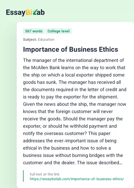 Importance of Business Ethics - Essay Preview