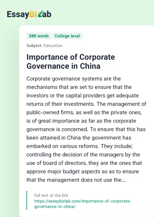 Importance of Corporate Governance in China - Essay Preview