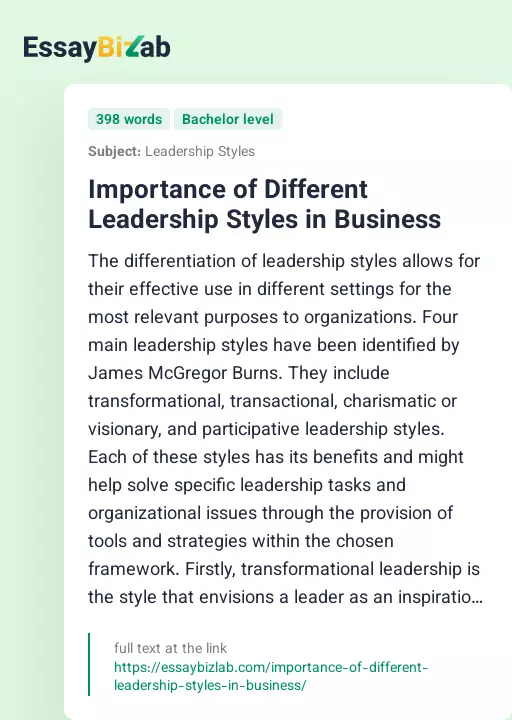 Importance of Different Leadership Styles in Business - Essay Preview