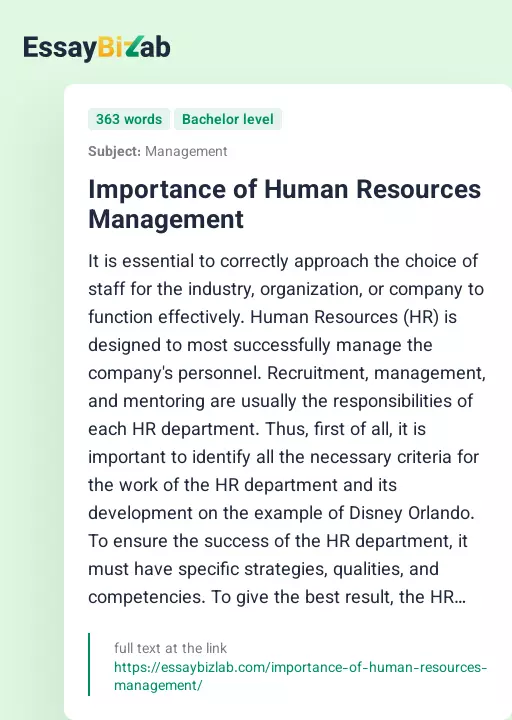Importance of Human Resources Management - Essay Preview