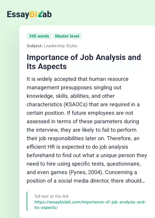 Importance of Job Analysis and Its Aspects - Essay Preview