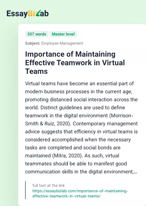 Importance of Maintaining Effective Teamwork in Virtual Teams - Essay Preview