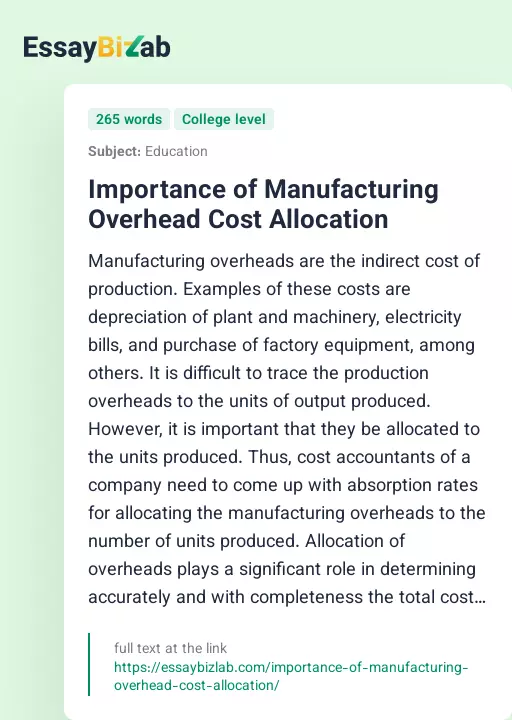 Importance of Manufacturing Overhead Cost Allocation - Essay Preview