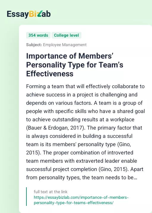 Importance of Members’ Personality Type for Team’s Effectiveness - Essay Preview