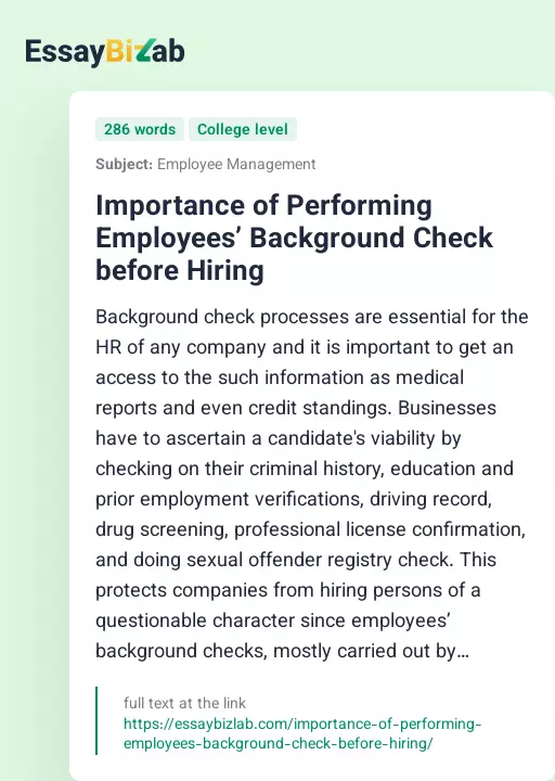 Importance of Performing Employees’ Background Check before Hiring - Essay Preview
