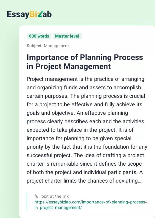 Importance of Planning Process in Project Management - Essay Preview