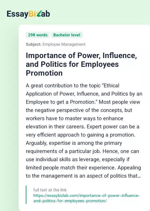 Importance of Power, Influence, and Politics for Employees Promotion - Essay Preview