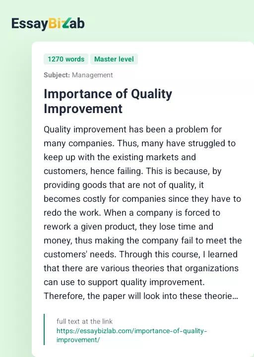 Importance of Quality Improvement - Essay Preview