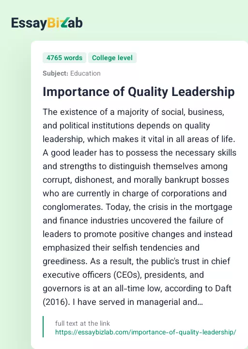 Importance of Quality Leadership - Essay Preview